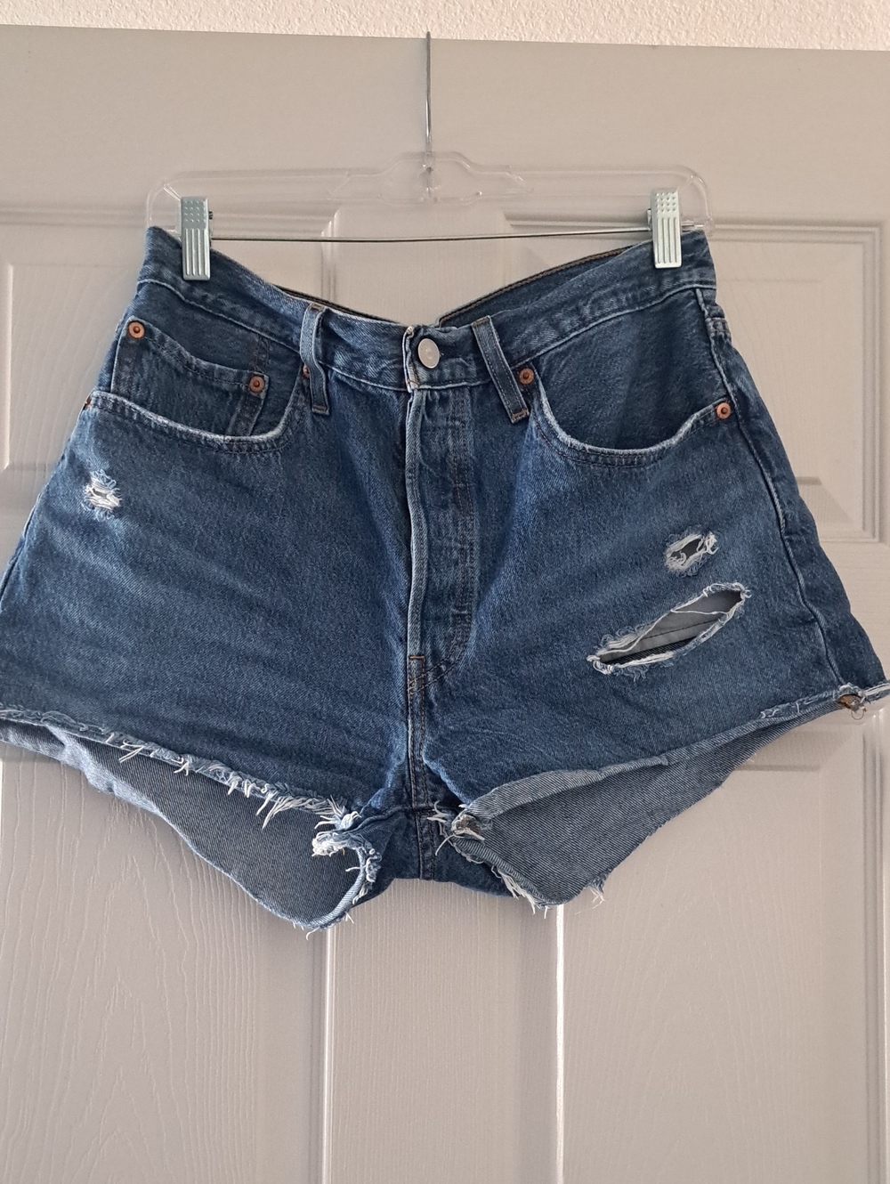 Levi's Distressed Dark Blue High-Rise Jean Shorts